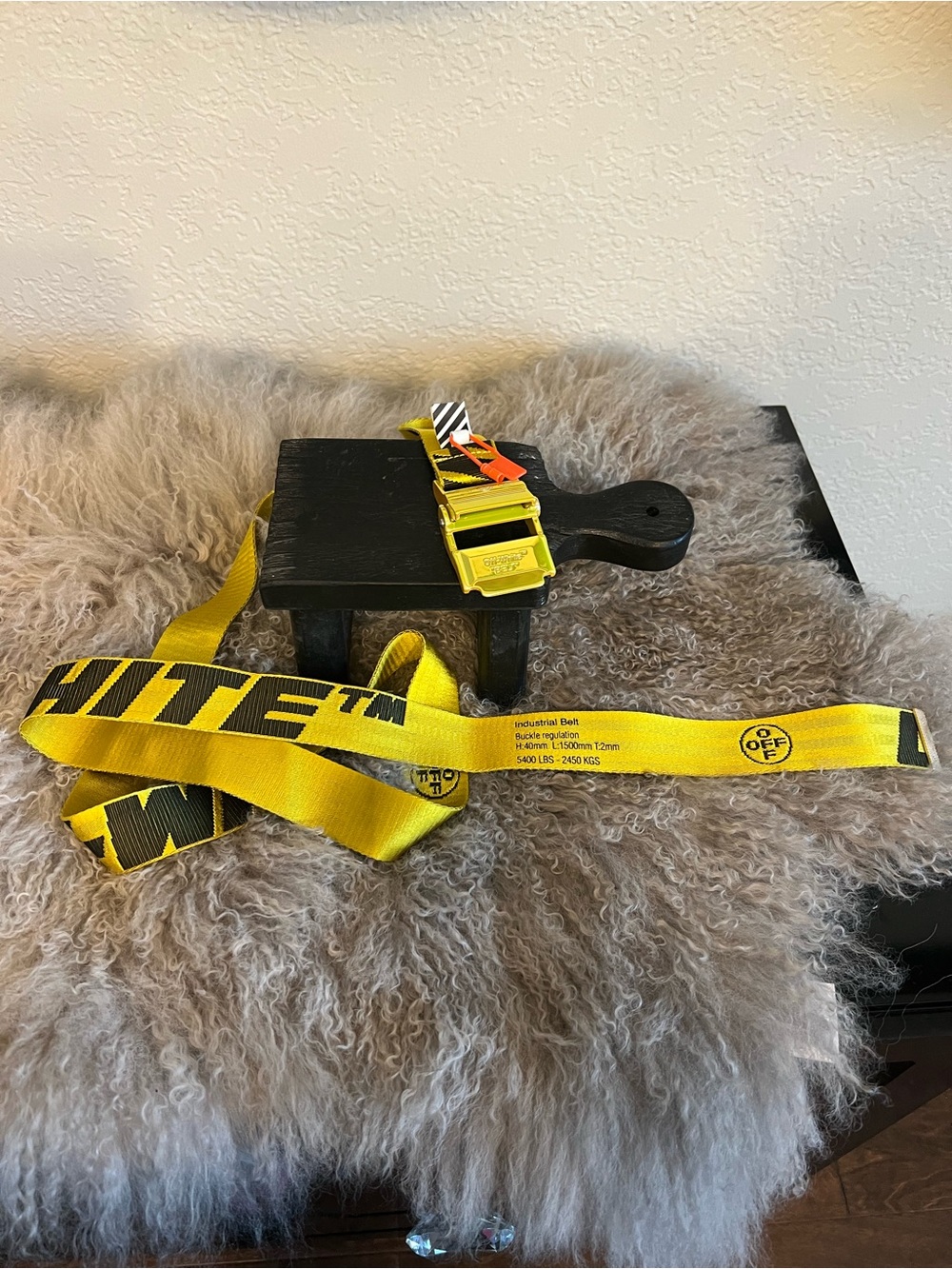 Off-White Yellow Industrial Webbing Belt with Black Logo and Metal Buckle